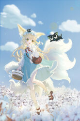 Rule 34 | 1girl, absurdres, animal ear fluff, animal ears, arknights, basket, black cat, blonde hair, blue dress, blue sky, cat, creature on head, cross-laced slit, dress, field, flower, flower field, fox ears, fox girl, fox tail, frilled hairband, frills, full body, green eyes, hairband, hand up, heixiu, highres, holding, holding basket, long hair, long sleeves, luo xiaohei, luo xiaohei (cat), luo xiaohei zhanji, multiple tails, neck ribbon, official alternate costume, open mouth, outdoors, red ribbon, ribbon, sky, solo, suzuran (arknights), suzuran (spring praise) (arknights), tail, user tucc8352