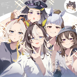 6+girls absurdres animal_ears black_shirt double_v dream_journey_(umamusume) fenomeno_(umamusume) gold_ship_(umamusume) grey_shirt highres horse_ears horse_girl koroeda6 multiple_girls nakayama_festa_(umamusume) orfevre_(umamusume) selfie shirt translation_request umamusume upper_body v white_shirt