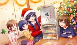 4girls arms_on_table bell blue_hair blue_shirt blunt_bangs braid brown_eyes brown_hair chinese_food christmas_ornaments christmas_tree cinderella_series collared_shirt cushion dumpling dutch_angle food fried_rice fur-trimmed_headwear fur_trim fusuma game_cg hachigatsu_no_cinderella_nine hair_bobbles hair_ornament hat highres indoors jiaozi kondou_nana kondou_saki lens_flare long_hair long_sleeves looking_at_food low_twin_braids multiple_girls non-web_source official_art okamochi_(container) open_mouth pink_shirt pink_skirt plaid_clothes plaid_skirt purple_eyes red_hat red_shirt santa_hat senba_amiko senba_mayuko shirt short_hair shrimp skirt sliding_doors sparkle sweater tatami tinsel twin_braids yellow_sweater zabuton