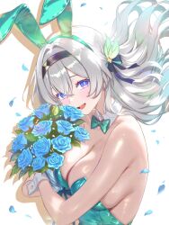Rule 34 | 1girl, alternate costume, animal ear hairband, animal ears, bare shoulders, black bow, black hairband, blue eyes, blue petals, blue pupils, blush, bouquet, bow, bowtie, breasts, collar, commentary request, detached collar, fake animal ears, firefly (honkai: star rail), floating hair, flower, gradient hair, green bow, green bowtie, green hair, grey hair, hair bow, hair intakes, hairband, highres, holding, holding bouquet, honkai: star rail, honkai (series), large breasts, leotard, long hair, looking at viewer, multicolored hair, open mouth, playboy bunny, purple eyes, rabbit ear hairband, rabbit ears, smile, solo, strapless, strapless leotard, upper body, white background, white collar, white wrist cuffs, wrist cuffs, zea (zeamilky)