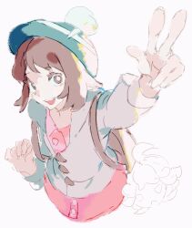 1girl :d backpack bag brown_bag brown_eyes brown_hair cardigan ciuchviicuq dress gloria_(pokemon) green_hat grey_cardigan hat highres nintendo open_mouth pink_dress pink_skirt pokemon pokemon_swsh short_hair skirt smile solo tam_o&#039;_shanter teeth upper_body upper_teeth_only white_background