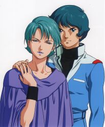 1980s_(style) 1boy 1girl alternate_universe aqua_hair artist_request black_eyes blue_hair four_murasame good_end gundam hand_on_another&#039;s_shoulder highres holding_hands jumpsuit kamille_bidan key_visual looking_at_viewer military military_uniform official_art oldschool promotional_art purple_lips retro_artstyle scan science_fiction serious upper_body white_background wristband zeta_gundam