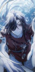 1boy absurdres air_bubble belt bishounen black_hair blurry bracer braid brown_eyes bubble butterfly_necklace chinese_clothes closed_mouth cowboy_shot earrings eyepatch floating_hair hair_over_one_eye hanfu highres hua_cheng jewelry long_hair looking_at_viewer male_focus mandarin_collar necklace one_eye_covered outstretched_arms outstretched_hand pants reaching reaching_towards_viewer red_hanfu ribbon short_sleeves side_braid silver_necklace single_braid smile solo submerged tianguan_cifu underwater very_long_hair water water_drop white_pants white_ribbon wide-eyed young57440489 yuanlingpao