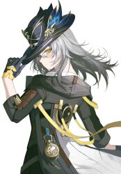 1girl absurdres black_gloves black_jacket blue_feathers commentary_request cowboy_shot feathers from_side gloves grey_hair hair_between_eyes hat hat_feather highres holding holding_unworn_clothes holding_unworn_hat honkai:_star_rail honkai_(series) jacket long_hair looking_at_viewer sidelocks simple_background smile solo stelle_(honkai:_star_rail) trailblazer&#039;s_hat_(honkai:_star_rail) trailblazer_(honkai:_star_rail) tutou_jiang unworn_hat unworn_headwear white_background yellow_eyes