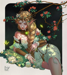 1girl absurdres afk_(series) afk_journey aqua_dress artist_name bare_shoulders blonde_hair braid branch breasts brown_eyes bug butterfly cowboy_shot cup detached_sleeves dress elf flower glowing_butterfly hair_flower hair_ornament headpiece highres insect jewelry long_hair looking_down mistravn orb outside_border parisa_(afk) parted_lips pointy_ears red_flower saucer side_braid sitting solo teacup teapot white_flower yellow_flower