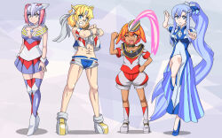 Rule 34 | 4girls, abs, bandaid, bandaid on face, bandaid on nose, blonde hair, blue eyes, blue hair, blue shoes, boots, breasts, buti-yu, choker, cleavage, clenched teeth, color timer, commentary request, dress, fist in hand, fist pump, full body, genderswap, genderswap (mtf), hand on own hip, headband, high heel boots, high heels, humanization, long dress, long hair, looking at viewer, midriff, miniskirt, multicolored hair, multiple girls, one eye closed, open mouth, orange eyes, orange hair, pink hair, ponytail, purple hair, shoes, short hair, short shorts, shorts, side slit, single tooth, skirt, smile, standing, standing on one leg, teeth, thigh boots, ultra series, ultraman cosmos, ultraman cosmos (luna mode), ultraman cosmos (series), ultraman dyna, ultraman dyna (flash type), ultraman dyna (series), ultraman gaia, ultraman gaia (series), ultraman tiga, ultraman tiga (multi type), ultraman tiga (series), very long hair, vest, white eyes, white headband