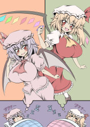 Rule 34 | 2girls, ascot, bat wings, blonde hair, breasts, commentary request, crystal wings, dreaming, flandre scarlet, frilled skirt, frills, hat, hidefu kitayan, highres, large breasts, looking at viewer, medium hair, mob cap, multiple girls, one side up, open mouth, pink skirt, red ascot, red eyes, red skirt, remilia scarlet, short sleeves, siblings, sisters, skirt, sleeping, touhou, white hat, wings, yellow ascot