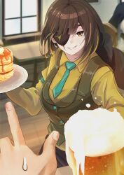 1boy 1girl absurdres alcohol beer beer_glass blue_necktie blunt_bangs braid brown_eyes brown_hair brown_vest commission eyepatch food girls&#039;_frontline highres holding holding_plate long_hair long_sleeves looking_at_viewer m16a1_(fairy_kingdom_brew)_(girls&#039;_frontline) m16a1_(girls&#039;_frontline) mole mole_under_eye necktie pancake plate sawari_66 scar scar_across_eye scar_on_face shirt skeb_commission smile table vest window yellow_shirt