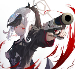 Rule 34 | 1girl, absurdres, aiming, aoiromya, bag, black bag, black hair, black hoodie, blue archive, closed mouth, demon girl, demon horns, demon wings, ear piercing, greyscale, gun, handgun, highres, holding, holding bag, holding gun, holding weapon, hood, hoodie, horns, kayoko (blue archive), long hair, monochrome, multicolored hair, piercing, ponytail, red eyes, sidelocks, single wing, solo, two-tone hair, upper body, weapon, wings