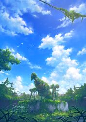 absurdres au_ito blue_sky cloud cloudy_sky commentary_request day dilapidated flock flower grass highres no_humans original overgrown planetarium red_flower scenery sky watermark yellow_flower