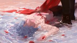 1boy 1other 632698090 absurdres alternate_costume androgynous beach black_boots blanket bleeding blood blue_eyes blue_hair boots casual closed_eyes corpse death drill_hair drill_sidelocks flower hair_over_one_eye hair_spread_out highres long_sleeves lying lying_on_water mole mole_under_eye on_back open_clothes open_shirt out_of_frame petals pisces_aphrodite red_flower red_rose ringlets rose rose_petals saint_seiya saint_seiya:_legend_of_sanctuary shirt sidelocks stab water white_flower white_rose white_shirt