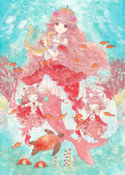 Rule 34 | 3girls, coral, fish, harp, instrument, mermaid, monster girl, mother and daughter, multiple girls, pink hair, siblings, sisters, turtles