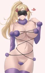 Rule 34 | 1girl, absurdres, alternate costume, bikini, calmgreentori, closed mouth, cosplay, eye mask, fate/grand order, fate (series), heart, highres, long hair, mash kyrielight, mash kyrielight (cosplay), mash kyrielight (dangerous beast), mash kyrielight (dangerous beast) (cosplay), navel, ponytail, purple bikini, purple thighhighs, smile, solo, swimsuit, thighhighs, trigger (zenless zone zero), zenless zone zero