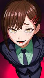 Rule 34 | 1girl, black jacket, brown hair, chainsaw man, collared shirt, commentary, english commentary, formal clothes, green shirt, hair ornament, hairclip, higashiyama kobeni, highres, jacket, light blush, looking at viewer, lower teeth only, mccheese, open mouth, pant suit, pants, ponytail, shirt, short ponytail, single sidelock, solo, suit, suit jacket, sweat, teeth, yellow eyes