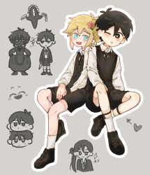 1girl 4boys absurdres alternate_costume alternate_hairstyle antenna_hair arrow_(symbol) basil_(faraway)_(omori) basil_(omori) black_eyes black_hair black_necktie black_shoes black_shorts blonde_hair blue_eyes blush bright_pupils butler chibi chinese_commentary closed_mouth collared_shirt commentary_request dual_persona enmaided female_butler flower grey_background hair_flower hair_ornament heart highres holding holding_knife knife long_hair long_sleeves looking_at_another maid mari_(faraway)_(omori) mari_(omori) multiple_boys necktie omori omori_(omori) open_mouth parted_lips pout shirt shoes short_hair shorts side_ponytail simple_background smile socks something_(omori) sparkle spoilers stranger_(omori) sunny_(omori) thatbirdcanfly white_pupils white_shirt white_socks