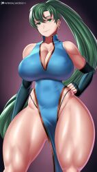 1girl absurdres arcedo breasts cleavage covered_erect_nipples curvy earrings elbow_gloves female_focus fingerless_gloves fire_emblem fire_emblem:_the_blazing_blade gloves gluteal_fold green_eyes green_hair hand_on_own_hip highres huge_breasts jewelry long_hair looking_at_viewer lyn_(fire_emblem) matching_hair/eyes nintendo ponytail solo thick_thighs thighs very_long_hair wide_hips