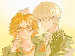 2boys averting_eyes black_jacket blush brown_eyes brown_hair collarbone commentary_request earphones_removed finger_to_cheek glasses gradient_background grey_hair hanamura_yousuke hand_on_another&#039;s_head height_difference highres jacket looking_at_another male_focus multiple_boys narukami_yu open_clothes open_jacket parted_lips persona persona_4 school_uniform short_hair surielye sweatdrop teardrop-framed_glasses upper_body yasogami_school_uniform yellow_background