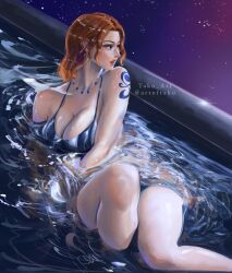 absurdres arm_tattoo bikini bikini_top_only breasts cleavage highres jewelry large_breasts looking_to_the_side nami_(one_piece) necklace night night_sky one_piece orange_hair shiny_skin signature sky striped_bikini striped_clothes stupidtako swimsuit tattoo vertical-striped_bikini vertical-striped_clothes water watermark wet wet_hair