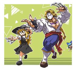 1boy 2girls amerika_zarigani annyui_(cookie) black_dress black_footwear black_gloves black_headwear blonde_hair blue_bow blue_hair blue_pants bow braid braided_ponytail brown_eyes cirno claws commentary_request cookie_(touhou) dress fighting_stance fingerless_gloves full_body gloves hair_bow hat highres jewelry kirisame_marisa long_hair marvel masked multiple_girls necklace open_mouth pants pectorals peeking_out pinafore_dress puffy_short_sleeves puffy_sleeves purple_eyes shirt shoes short_hair short_sleeves sleeveless_dress socks sparkle street_fighter sugar_(cookie) touhou vega_(street_fighter) white_bow white_shirt white_socks witch_hat x-men