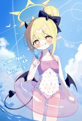 +_+ 1girl :q black_horns black_tail black_wings blonde_hair blue_archive blue_sky blush casual_one-piece_swimsuit closed_mouth commentary demon_girl demon_horns demon_tail demon_wings flat_chest food frilled_one-piece_swimsuit frills hair_bun halo halterneck highres holding holding_food holding_popsicle horns ibuki_(anniversary_swimsuit)_(blue_archive) ibuki_(blue_archive) innertube kkurovo looking_at_viewer ocean one-piece_swimsuit outdoors pink_innertube pink_one-piece_swimsuit pointy_ears polka_dot polka_dot_one-piece_swimsuit polka_dot_swimsuit popsicle short_hair single_side_bun sky solo swim_ring swimsuit tail tongue tongue_out wading wings yellow_eyes yellow_halo