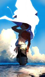 1boy abs blue_sky cape cloud emiya_shirou fate/grand_order fate_(series) highres holding holding_unworn_cape holding_unworn_clothes kamigokuin male_focus red_hair senji_muramasa_(fate) single_bare_shoulder sky solo toned toned_male unworn_cape water white_cape yellow_eyes