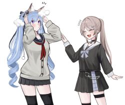2girls absurdres animal_ears arms_up bell black_choker black_shirt black_skirt black_thighhighs blue_hair brown_hair cardigan cat_ears cbwook choker fake_animal_ears grey_cardigan hairband highres indie_virtual_youtuber jingle_bell long_hair long_sleeves miniskirt multiple_girls pleated_skirt ponytail purple_eyes ringlets sailor_collar seorang_(vtuber) shirt simple_background skirt thigh_strap thighhighs twintails very_long_hair virtual_youtuber white_background white_sailor_collar zettai_ryouiki
