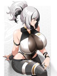 Rule 34 | 1girl, black hair, black leotard, black pants, breasts, grey hair, highleg, highleg leotard, highres, huge breasts, leotard, leotard under clothes, long hair, looking at viewer, mole, mole under eye, multicolored hair, multicolored leotard, nail polish, nini-117, pants, parted lips, ponytail, saltnvalk, shiny skin, sitting, smile, solo, streaked hair, vfleet, virtual youtuber, white leotard, yellow eyes