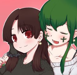 2girls alternate_costume alternate_hairstyle benikurage_(cookie) black_sweater brown_hair cat_earrings closed_eyes closed_mouth commentary_request cookie_(touhou) cross earrings eyes_visible_through_hair facepaint green_hair green_nails hair_between_eyes hakurei_reimu highres jewelry kochiya_sanae long_hair looking_at_viewer manatsu_no_yo_no_inmu miura_cat multiple_girls nail_polish open_mouth otemoto_(baaaaloooo) parted_bangs paseri_(cookie) pink_background red_eyes red_nails simple_background smile sweater touhou upper_body white_sweater