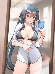 Rule 34 | 1girl, absurdres, bikini, black hair, breasts, breasts apart, cellphone, collared shirt, commentary request, furaggu (frag 0416), highres, holding, holding phone, indoors, kantai collection, large breasts, long hair, mirror, mirror selfie, phone, selfie, shirt, sleeves rolled up, smartphone, solo, swimsuit, thighs, variant set, very long hair, white shirt, yahagi (kancolle)
