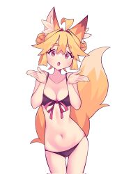 Rule 34 | 1girl, :o, ahoge, animal ears, bikini, black bikini, blonde hair, bow, bow bikini, collarbone, commentary, double bun, english commentary, fox ears, fox girl, fox tail, gluteal fold, hair between eyes, hair bun, hands up, highres, kazumiskill, light blush, looking at viewer, navel, original, red bow, red eyes, solo, standing, star (symbol), star in eye, swimsuit, symbol in eye, tail, thick eyebrows