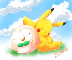 animal_focus closed_mouth cloud commentary day gen_1_pokemon gen_7_pokemon grass harara_mk2 highres nintendo no_humans pikachu pokemon pokemon_(creature) rowlet signature sitting sleeping smile tail