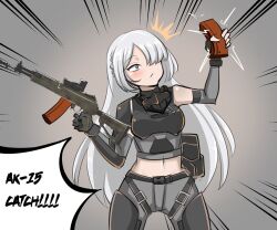 1girl abineko ak-15_(girls&#039;_frontline) blush breasts english_text facebook girls&#039;_frontline grey_hair gun hair_over_one_eye highres long_hair magazine_(weapon) medium_breasts navel pants solo weapon