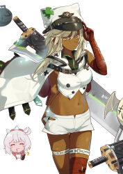 2girls absurdres bandaged_arm bandaged_leg bandages blonde_hair closed_mouth commentary commentary_request cowboy_shot crop_top dark-skinned_female dark_skin elphelt_valentine english_commentary guilty_gear guilty_gear_strive hair_between_eyes hat highres huge_weapon jacket jacket_on_shoulders long_hair looking_at_viewer military_hat mixed-language_commentary multiple_girls navel orange_eyes ramlethal_valentine renjian_renjian short_shorts shorts simple_background sweatdrop sword thigh_strap weapon white_background white_hat white_jacket white_shorts