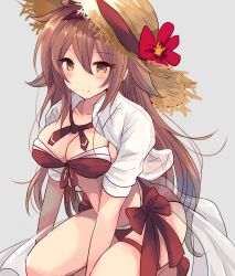 1girl bikini blush breasts brown_hair cleavage cosplay cowboy_shot front-tie_bikini_top front-tie_top grey_background hair_between_eyes hair_flaps hat highres hirune_(konekonelkk) kantai_collection long_hair looking_at_viewer medium_breasts navel red_bikini shigure_(kancolle) shigure_kai_san_(kancolle) shigure_kai_san_(kancolle)_(cosplay) shigure_kai_san_(swimsuit)_(kancolle) shiratsuyu_(kancolle) shiratsuyu_kai_ni_(kancolle) smile solo squatting straw_hat sun_hat swimsuit