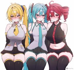 3girls ahoge akita_neru antenna_hair aqua_eyes aqua_hair aqua_necktie artist_name bare_shoulders black_shirt black_skirt black_sleeves black_thighhighs blonde_hair blush breasts closed_mouth cropped_shirt crossed_bangs detached_sleeves drill_hair grey_shirt hair_between_eyes hatsune_miku highres kasane_teto large_breasts long_hair midriff miyuchiq multiple_girls navel necktie red_eyes red_hair shirt short_necktie side_ponytail simple_background sitting skindentation skirt sleeveless sleeveless_shirt small_breasts stomach sweat thighhighs thighs tie_clip triple_baka_(vocaloid) twin_drills twintails twitter_username utau very_long_hair vocaloid white_background yellow_eyes yellow_necktie