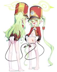 2girls absurdres black_tail blue_archive blush cleft_of_venus closed_mouth cosplay covering_ass covering_privates earrings gloves green_hair green_halo hair_between_eyes halo hat hikari_(blue_archive) nozomi_(blue_archive) highres honkai:_star_rail honkai_(series) jacket jewelry long_hair long_sleeves looking_at_viewer multiple_girls navel no_shoes open_mouth pantyhose pointy_ears pom-pom_(honkai:_star_rail) pom-pom_(honkai:_star_rail)_(cosplay) pussy red_hat red_jacket simple_background standing twintails uncensored very_long_hair white_background white_gloves white_pantyhose whonyang yellow_eyes