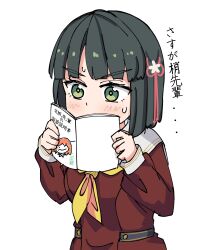 Rule 34 | 1girl, black hair, blunt bangs, blunt ends, bob cut, book, breasts, brown dress, cerise bouquet, child&#039;s drawing, commentary, dress, flower, flower knot, green eyes, hair flower, hair ornament, hanamiya nina (style), hasu no sora school uniform, highres, hinoshita kaho, holding, holding book, instruction manual, link! like! love live!, long sleeves, love live!, medium breasts, momose ginko, neckerchief, open book, reading, sailor collar, sailor dress, school uniform, sen yousoro, short hair, simple background, sweat, translation request, upper body, virtual youtuber, white background, white sailor collar, winter uniform, yellow neckerchief
