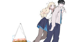 1boy 1girl :o black-framed_eyewear black_hair blonde_hair blue_skirt brown_pantyhose commentary_request crepe food gakuen_idolmaster glasses hatsuboshi_gakuen_school_uniform hetero holding_another&#039;s_wrist idolmaster jacket juo_sena kasasagi_(futagodori888) looking_at_food pantyhose producer_(idolmaster) school_uniform simple_background skirt sweatdrop white_background white_jacket