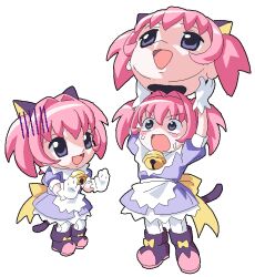 2000s_(style) 2girls angelic_kitty_miracle-chan animal_ears apron arms_up back_bow bell blush_stickers boots bow cat_tail colinarmis dress fake_animal_ears footwear_bow full_body gloom_(expression) gloves hair_intakes holding holding_mascot_head jingle_bell mascot_head miracle-chan multiple_girls neck_bell open_hands open_mouth pink_boots pink_hair pixel_art puffy_short_sleeves puffy_sleeves purple_boots purple_dress purple_eyes short_sleeves short_twintails simple_background stop_(gesture) sweat tail twintails two-handed v-shaped_eyebrows waist_apron white_apron white_background white_gloves yellow_bow