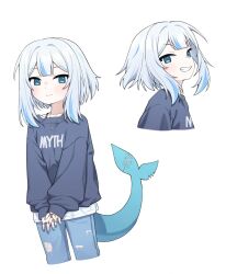 1girl absurdres blue_eyes blue_nails blue_streaks blue_sweater blunt_bangs blush collarbone cowboy_shot denim double-parted_bangs fins fish_skeleton fish_tail from_side gawr_gura grey_hair highres hololive hololive_english jeans jewelry layered_clothes looking_at_viewer medium_hair multicolored_hair multiple_rings necklace pants portrait ring shark_girl shark_tail sharp_teeth shirt sidelocks smile solo streaked_hair sweater tail teeth torn_clothes torn_jeans torn_pants ugaaaa1 white_background white_shirt