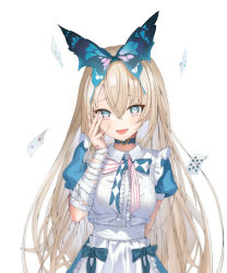 1girl alice_(grimlight) apron bandaged_arm bandages bandaid bandaid_on_hand belt blonde_hair blue_bow blue_bowtie blue_choker blue_dress blue_eyes blue_hairband blush bow bowtie breasts butterfly_hair_ornament butterfly_wings buttons card choker collared_dress dress dress_bow eyes_visible_through_hair fingernails grimlight hair_between_eyes hair_ornament hairband hand_on_own_face hand_up heart heart_in_eye highres insect_wings long_fingernails long_hair looking_to_the_side medium_breasts multicolored_bow multicolored_bowtie multicolored_eyes nail_polish open_mouth pink_bow pink_bowtie pink_eyes pink_nails playing_card raurashun simple_background smile solo standing striped_bow striped_bowtie striped_clothes symbol_in_eye teeth tongue white_apron white_background white_belt white_bow white_bowtie wings