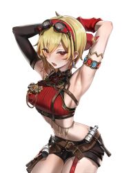 1girl absurdres arm_warmers armpits arms_up black_shorts black_sleeves blonde_hair cropped_sweater detached_sleeves goggles goggles_on_head hairband hammer highres hololive hololive_indonesia hppu8734 kaela_kovalskia kaela_kovalskia_(4th_costume) red_arm_warmers red_eyes red_hairband red_sweater short_shorts shorts single_arm_warmer single_detached_sleeve solo sweater tool_belt virtual_youtuber