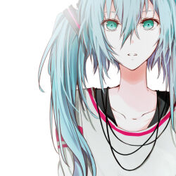 1girl aqua_eyes aqua_hair black_undershirt collarbone hair_between_eyes hatsune_miku long_hair loose_clothes loose_shirt multiple_necklaces parted_lips ruuya_higashino shirt sidelocks simple_background solo twintails vocaloid white_background