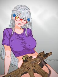 1girl ;d absurdres arms_behind_back assault_rifle black_shorts breasts cimol95 cropped_shirt cross girls&#039;_frontline glasses green_eyes gun h&amp;k_hk416 hair_ornament hairclip happy highres hk416_(girls&#039;_frontline) ibispaint_(medium) iron_cross large_breasts long_hair looking_at_viewer micro_shorts midriff navel one_eye_closed open_mouth purple_shirt rifle shirt shorts sitting smile solo teeth upper_teeth_only very_long_hair weapon white_hair