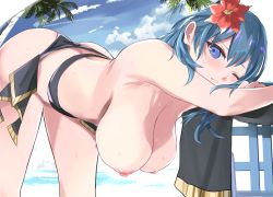 1girl arm_rest ass beach_towel bent_over blue_eyes blue_hair breasts female_byleth_(fire_emblem) cleavage closed_mouth cloud cloudy_sky fire_emblem fire_emblem:_three_houses flower hair_flower hair_ornament hanging_breasts hibiscus highres large_breasts long_hair nintendo nipples one_eye_closed palm_tree sky solo swimsuit tomas_(kaosu22) topfreedom topless_female towel tree