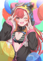 Rule 34 | 1girl, absurdres, animal ear hood, animal ears, balloon, belt collar, black collar, black nails, blush, breasts, bule blue 2, cleavage, collar, double w, fake animal ears, fang, goggles, goggles on head, highres, hood, hoodie, long hair, looking at viewer, multicolored hair, nail polish, navel, nekota tsuna, nekota tsuna (1st costume), one eye closed, open clothes, open hoodie, orange eyes, orange hair, red hair, skin fang, solo, streaked hair, two-tone hair, virtual youtuber, vspo!, w