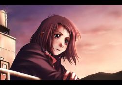 bad_id bad_pixiv_id letterboxed nyaou red_eyes red_hair rooftop short_hair solo sunset tukisima