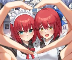 2girls black_dress blue_bow blue_eyes blush bow breasts dress hair_bow heart heart_hands highres hisui_(tsukihime) kohaku_(tsukihime) long_sleeves looking_at_viewer maid_headdress medium_breasts multiple_girls open_mouth red_hair short_hair siblings sisters smile tsukihime twins umirunie yellow_eyes