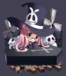 1girl @_@ black_dress brick_floor chibi coffee cross crucifix dress fence glasses hat highres hime_cut large_hat long_glove looking_at_viewer pink_hair simple_background skull skull_ornament smile tagme under_night_in-birth uzuki_(under_night_in-birth) yusano
