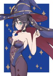 Rule 34 | 1girl, absurdres, black hair, black pantyhose, blue cape, blue eyes, blue hat, blue leotard, breasts, cape, cleavage, closed mouth, genshin impact, hair ornament, hat, highres, leotard, long hair, looking at viewer, medium breasts, mona (genshin impact), pantyhose, red cape, solo, star (symbol), star hair ornament, tsuneshima, two-sided cape, two-sided fabric, witch hat